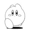 A black-and-white line drawing of a round character with large eyes and small cheeks in nine sequential poses showing different leg positions.