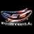 Pixelated icon with red, white, and blue curved shapes on black background; lower portion shows partial text in gray pixels.