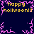 Pixelated dark blue background with pink jagged border and yellow 'happy hollween!!!' text repeated four times.