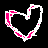 A heart-shaped icon with pink and white pixelated borders, displaying sequential text fragments below it on a black background.