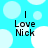 Light blue background with white circles; black text "I Love Nick" in four quadrants, each with a vertical line above the text.