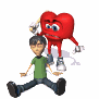 Red heart-shaped character with blue eyes and white gloves stands behind seated boy in green shirt and dark pants, holding baseball bat in various positions across frames.