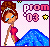 Pixel art of a woman with brown hair in an updo wearing a pink dress and blue train, standing next to text reading 'prom 03' on a light background.
