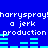 Blue background with white pixelated text repeating 'harryspray' and 'a jerk production' above cyan horizontal bars.