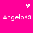 Pixelated pink background with white text 'Angelo<3' repeated four times, two small heart icons at top corners, and a central dot cluster animation.