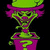 Pixelated cartoon character with green face and hat, purple hair, red nose, and purple outfit holding a pink box with a green question mark.