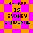 Pixelated text 'MY BFF IS SYDNEY CARDINAL' on alternating orange and pink background with shifting geometric patterns.