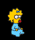 Yellow-haired cartoon character in light blue dress with red mouth, bow on head, and yellow hands against black background.
