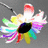 Pixelated abstract composition with central black oval surrounded by multicolored radiating shapes on gray background.