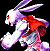 Pixelated 50x51 buddy icon featuring a white rabbit-like creature with purple accents and red eyes on the left, next to green text reading "Original Icons .com" on a dark background.