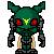 A 4x3 contact sheet of a pixel art animated icon featuring a green robotic creature with red eyes, yellow V-shaped mark on its face, and beige wing-like appendages that change position across frames.
