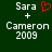 Green background displays white text 'Sara + Cameron 2009' with a red pixelated heart symbol above the plus sign in one view.