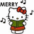 Pixelated Hello Kitty icon with red bow, green vest, and red skirt, surrounded by musical notes, displaying 'MERRY' on left and 'CHRISTMAS' on right.