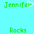 Pixelated green text 'Jennifer' with a white heart symbol replacing the letter 'e', and 'Rocks' below on cyan background.
