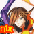 Pixelated anime-style character with brown hair, purple sleeve, and orange-yellow background elements holding a black object near face.
