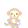 Pixelated monkey avatar with orange fur, white face and belly, black eyes, gray nose, blue hula hoop; three distinct poses on solid gray background.