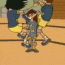Animated sequence showing a girl in a gymnasium with volleyball players, transitioning to her standing alone with scattered shoes and a ball.