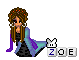 Pixelated character with brown braided hair and red dots, wearing purple sleeves and a blue-green cape over black dress, seated pose with text ZOE below.