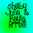 Pixelated text 'shelby Julia & Kayla' with a small icon below, displayed on a green-to-cyan gradient background in a