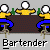 Pixel art of three figures in yellow shirts and blue pants behind a brown bar with green bottles, labeled 'Bartender' below.