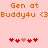 Pixelated orange text reads "Gen at Buddy4u <3Buddy4u <3" on a light pink background with two of red and pink heart icons below