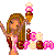 Pixelated character with long brown hair holding a pink and yellow ice cream cone, standing beside scattered bottles and flowers.