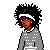 Pixelated character with afro hairstyle wearing gray sweater and white headband, surrounded by repeated 'Gangstaz' text on black background.