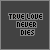 Animated sequence of 'TRUE LOVE NEVER DIES' text with changing letter colors and small heart particles on a dark gray background.