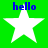 Four identical white five-pointed stars on a bright green background, each with blue text reading 'hello' above it.