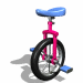 A pink unicycle with a blue seat and foot pedal, shown in four of identical static images against a white background