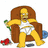 Pixelated cartoon character in brown armchair with white tank top and diaper, holding green object, surrounded by red shoes and blue item on floor.