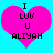 Two identical pixelated pink hearts on cyan background with black text reading "I LUV U ALIYAH" in stacked arrangement.