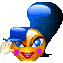 Pixelated cartoon character with blue hair and hat, yellow face, pink cheeks, blue eyes, and red lips in four variations showing different eye and mouth states.