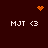 Pixelated icon with dark red background showing four 'MJT <3' text blocks and three orange pixel clusters in heart, starburst, and scattered patterns.