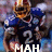 Pixelated image of a football player in blue uniform with number 22, helmeted head turned right, holding ball, text overlays reading MAH BOI ST21 For LIFE.