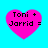 Four pink heart shapes on a cyan background, each containing black pixelated text reading "Toni + Jarrid =" with slight variations in heart size and text clarity.