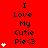 Red background with black text reading "I Love My Cutie Pie<3" and white heart symbols in varying quantities across three