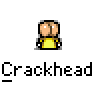Pixel art contact sheet of a yellow stick figure with brown buttocks, displaying multiple speech bubbles and text variations across 8 frames.