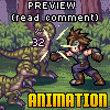 Pixel art scene showing a character with spiky brown hair and blue armor fighting a green dinosaur-like creature in a forest setting, with text overlays.