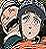 Two pixelated anime-style characters with large eyes and dark hair, one in profile facing left, the other front-facing with a neutral expression.