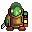 Pixelated green-skinned character with yellow eyes, brown tunic, red boots, and dark hair holding a sword in left hand; right arm changes from raised to lowered position.