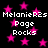 Black background with scattered pink stars and repeated white text reading "MelanieR2s Page Rocks" in pixelated font.