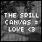 A 5x5 contact sheet of animated frames showing a grayscale icon with text "THE SPILL CANVAS = LOVE <3" over a blurred background, where the 'CANVAS' text alternates between white and black in different frames.