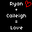 Pixelated text displays 'Ryan + Coileigh = Love' with a red heart symbol replacing the plus sign between names.