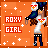 Pixel art contact sheet showing two frames of an animated buddy icon with a female character against an orange background, featuring text and star-like shapes.
