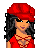 Pixelated character in red outfit with beret, black hair, and orange skin; side view shows layered red clothing on a white background.