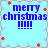Pixelated blue text reads "merry christmas" with four exclamation marks below, surrounded by red star and light gray snowflake icons on a light blue background.
