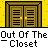 Animated contact sheet showing a sequence of 14 frames where a stick figure emerges from a closet, with text "Out Of The Closet" repeated across the bottom of each frame.