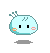 Pixelated light blue character with pink cheeks and black eyes, shown in multiple expressions including smiling, blushing, and standing upright.