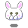 Pixel art bunny head with pink inner ears, green eyes, and white cheeks showing four distinct expressions across animated frames.